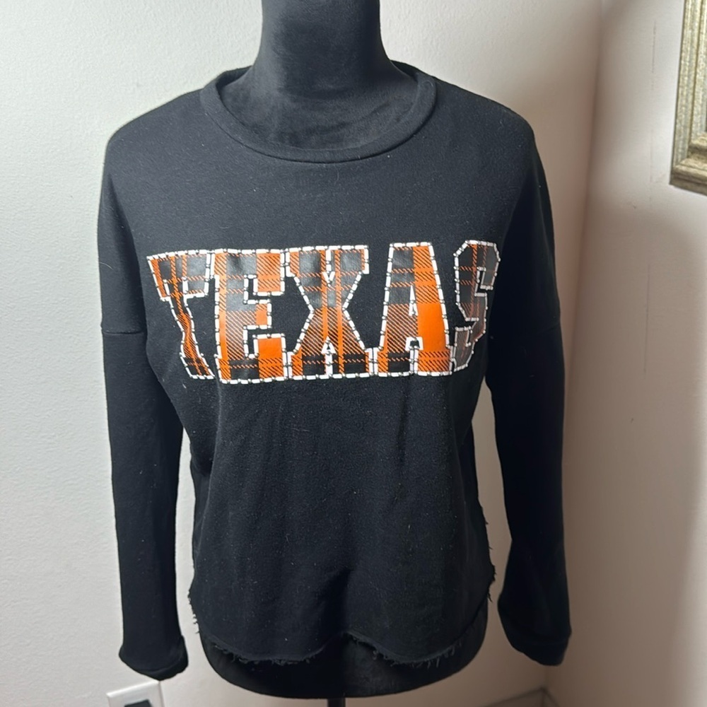 PINK Victoria’s Secret Collegiate TEXAS‎ plaid beaded cropped sweatshirt Sz S
